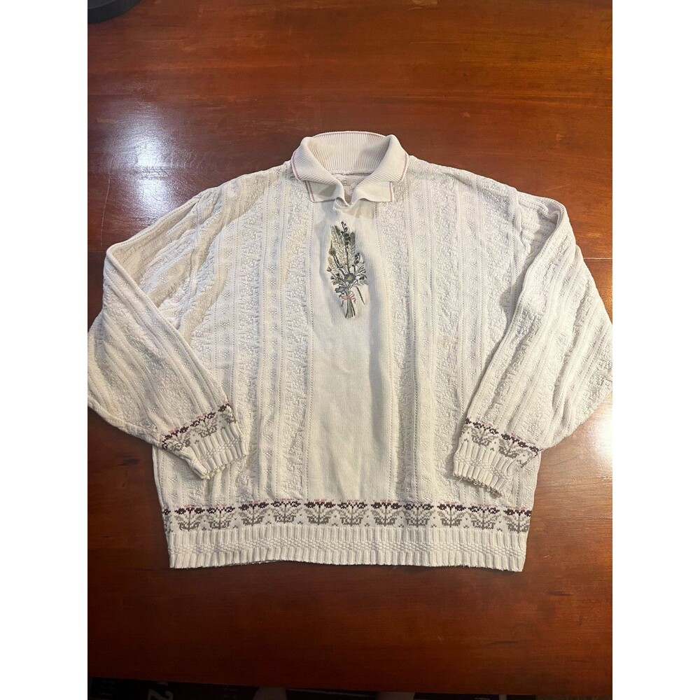VTG White Knit Collared Sweater Floral Embroidered Cottagecore